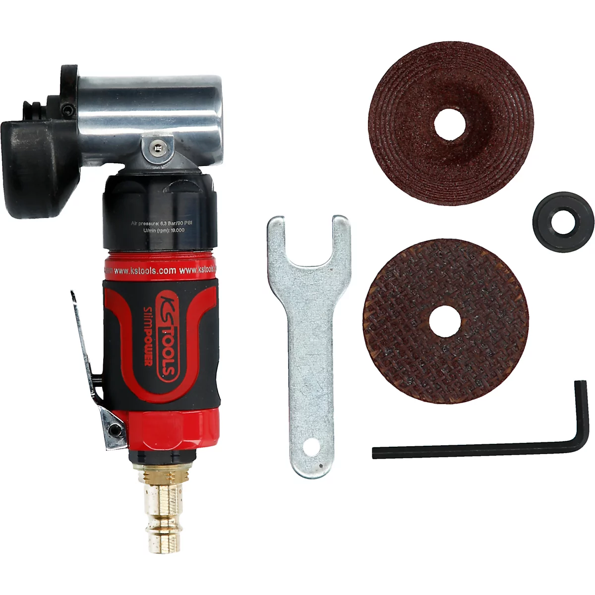 Winkelschleifer mit Zubehör, u.a. Schleifscheiben und Werkzeug, auf weißem Hintergrund.